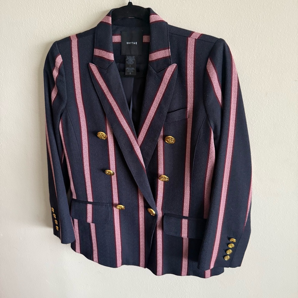 Smythe Double Breasted Striped Blazer Gold Accented Buttons Quarter Sleeve Sz 8 - Picture 8 of 16